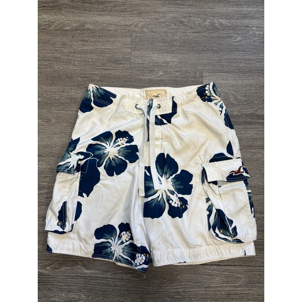 Vintage Hollister White & Blue Floral Hawaiian Print Board Shorts Size Medium